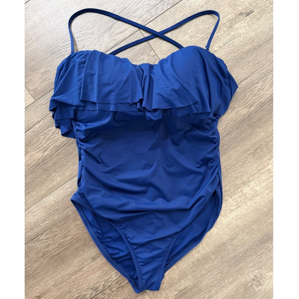 La Blanca Women Blue Ruffle One Piece Swimsuit Size 14 Ruched Strappy Back